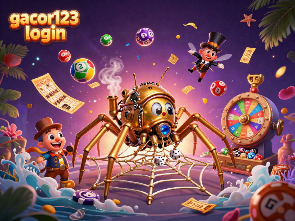 Engage with the gacor123 login scene showcasing a whimsical spider and a gentleman in a vibrant casino atmosphere.