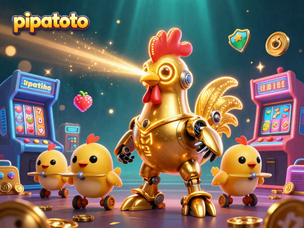 Pipatoto showcases a vibrant, action-packed casino scene with a golden rooster robot and dynamic gaming elements.
