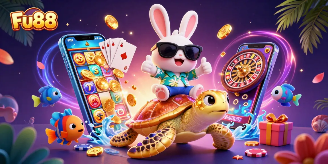 Experience fun with Fu88 as a lucky rabbit and golden turtle amidst vibrant casino elements.