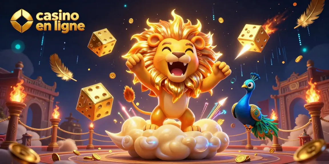 Jouer à un casino en ligne avec un lion triomphal et des dés dorés, ambiance dynamique
