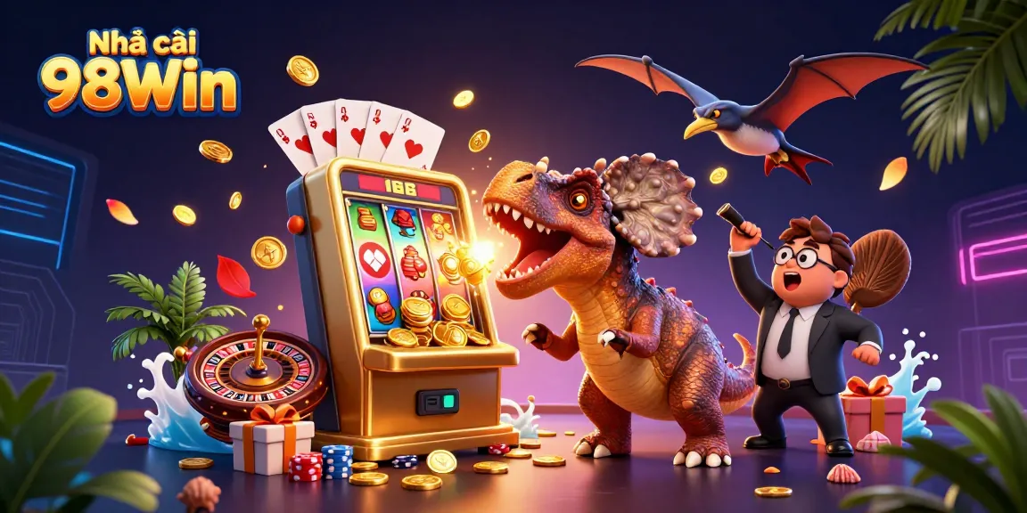Play and win at Nhà cái 98Win with a colorful slot machine jackpot scene in vibrant 3D.