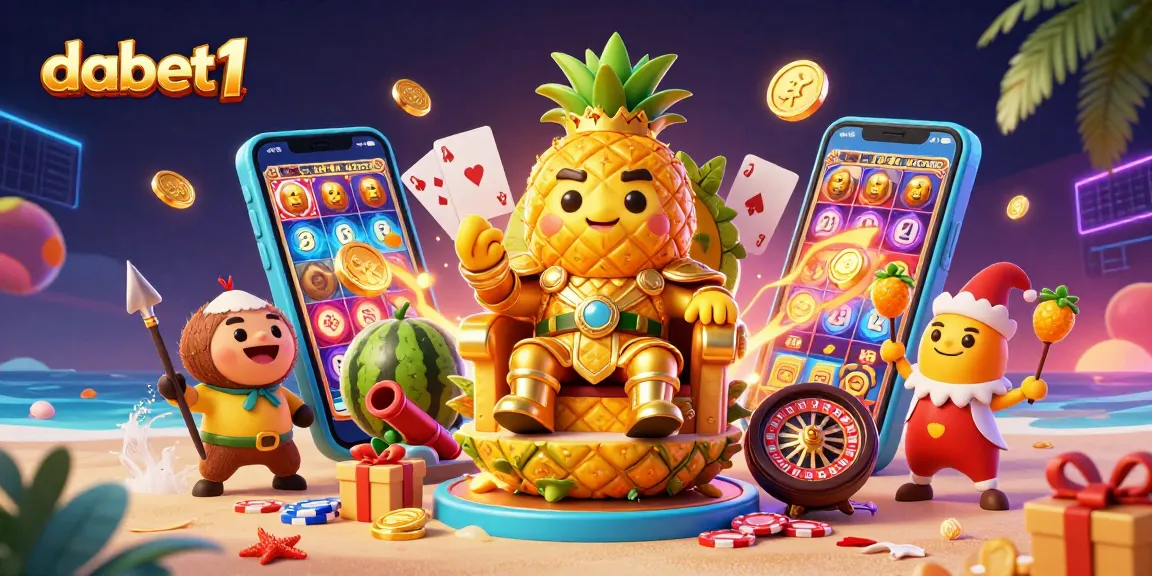 dabet1 showcases a vibrant casino scene with a pineapple king and gaming elements swirling around