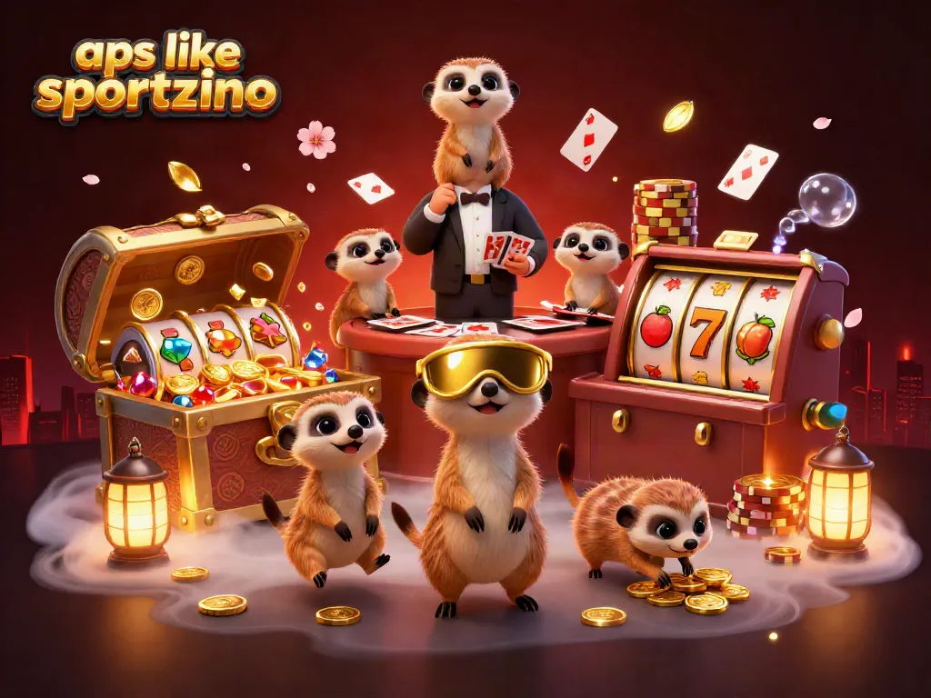 Engage with apps like Sportzino in this dynamic, vibrant casino scene filled with meerkat characters and gaming elements.