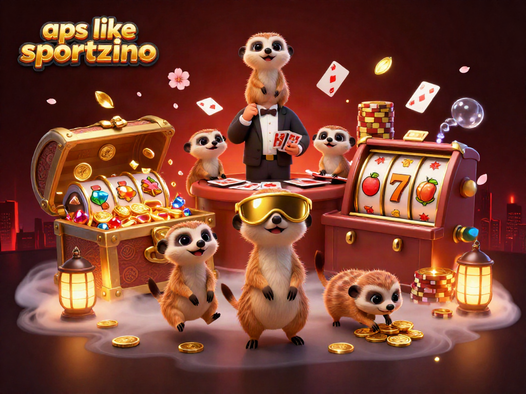 Engage with apps like Sportzino in this dynamic, vibrant casino scene filled with meerkat characters and gaming elements.