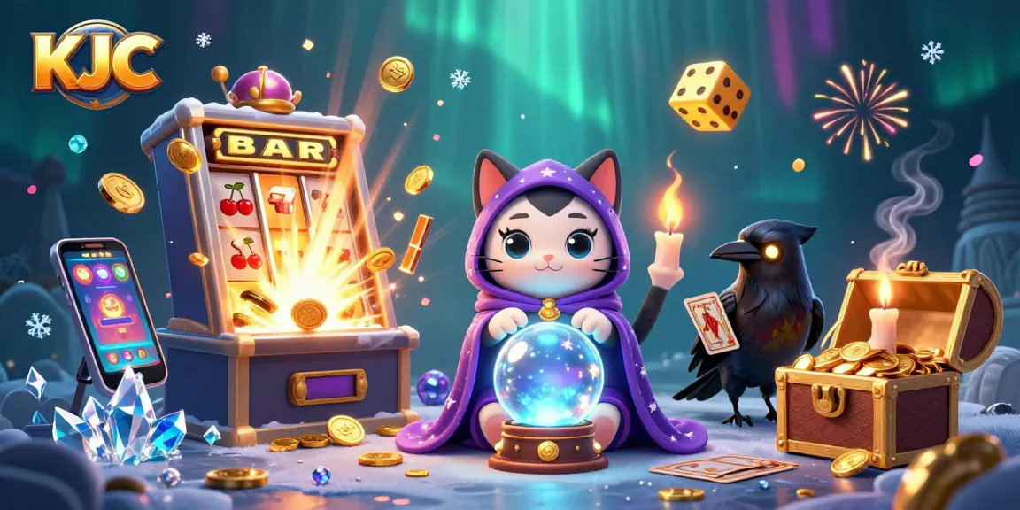 KJC showcases an exciting 3D scene with a fortune teller cat, a tarot-dealing raven, and glowing elements, capturing the thrill of casino gaming.