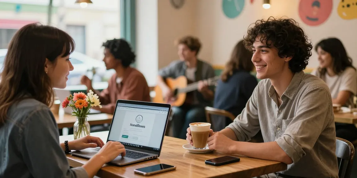 Couple enjoying a charming coffee date while connecting through the HundRoses dating app.