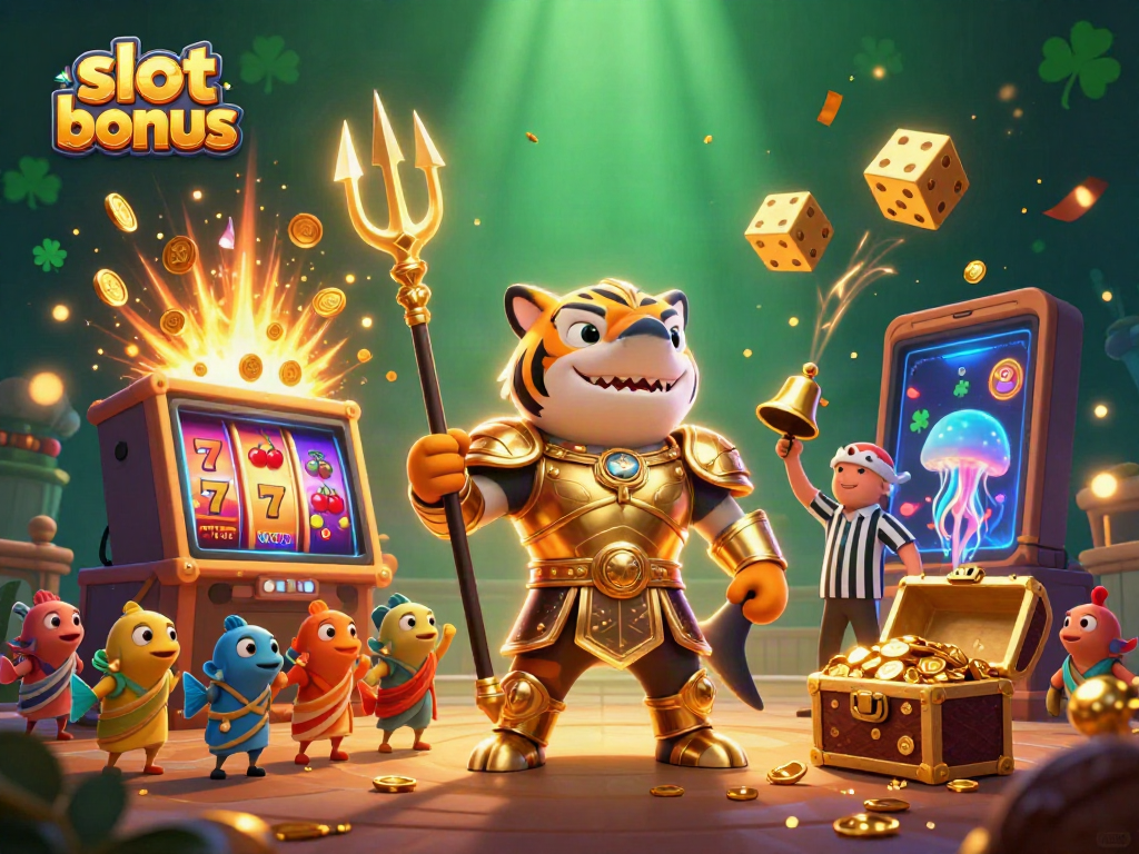 Engage with the slot bonus as a fierce tiger shark in gladiator armor showcases a jackpot explosion in a vibrant underwater setting.