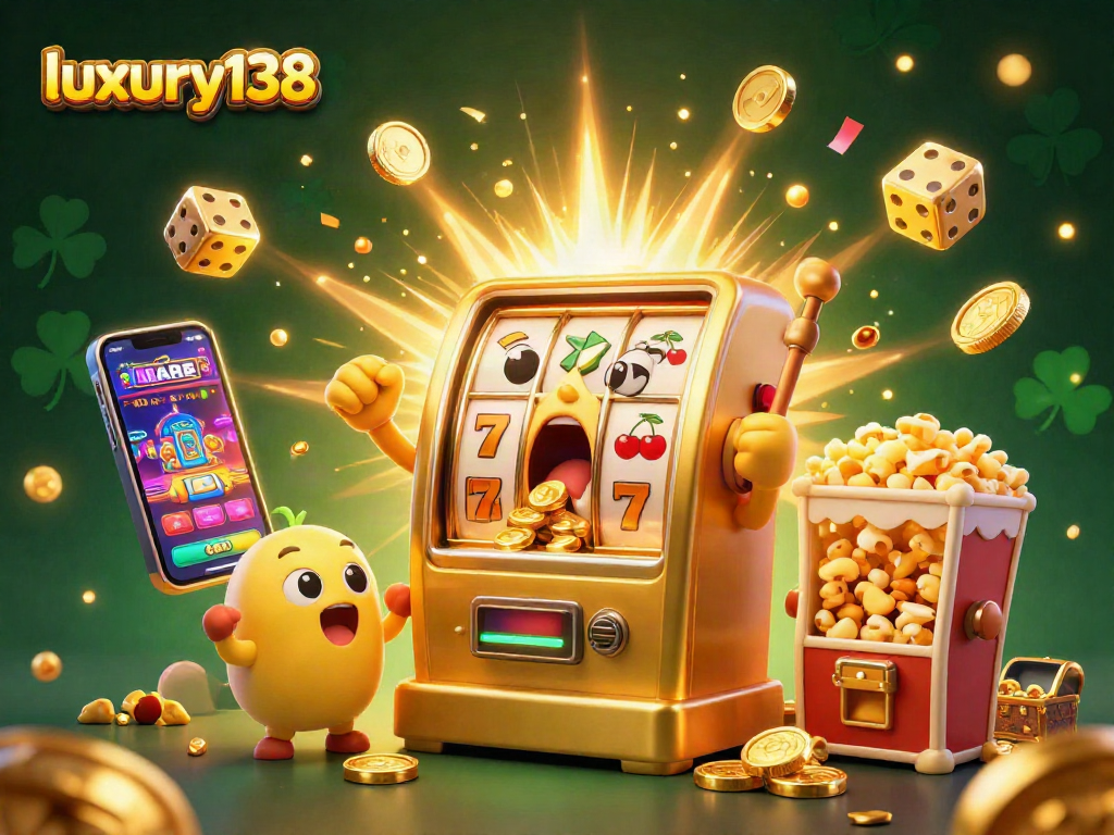 Mesin slot luxury138 memicu jackpot dengan koin berkilau mengalir, dikelilingi simbol permainan.