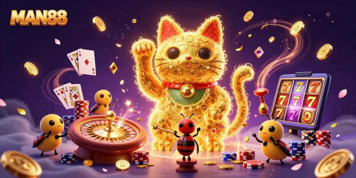 MAN88 promotes a captivating casino experience featuring golden fireflies and lucky symbols.