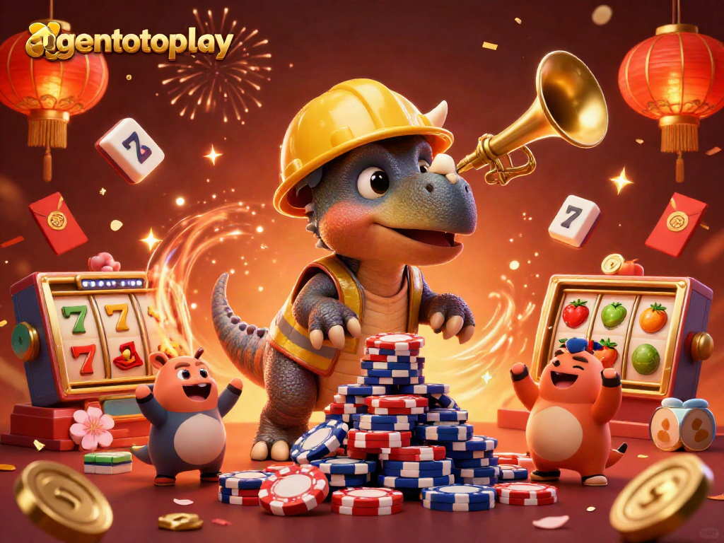 Rayakan kemenangan di agentotoplay dengan dinosaur 3D yang memutar slot dan membangun tumpukan chip poker.