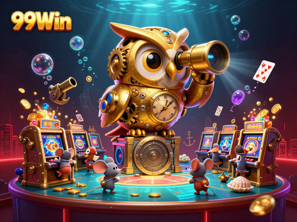 Explore the excitement of 99Win with a vibrant 3D casino scene showcasing dynamic characters and game elements.