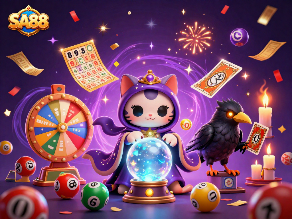 Win big at SA88 with a vibrant 3D casino scene filled with mystical characters and dynamic lottery elements.