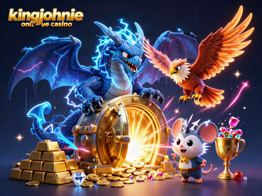 Experience thrill at kingjohnnie online casino with a dynamic 3D dragons and treasures illustration.