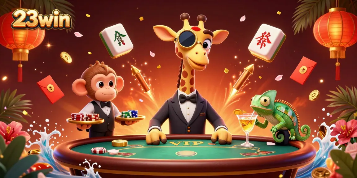 Experience the excitement of 23win with a vibrant casino scene featuring a giraffe dealer and dynamic gaming elements.