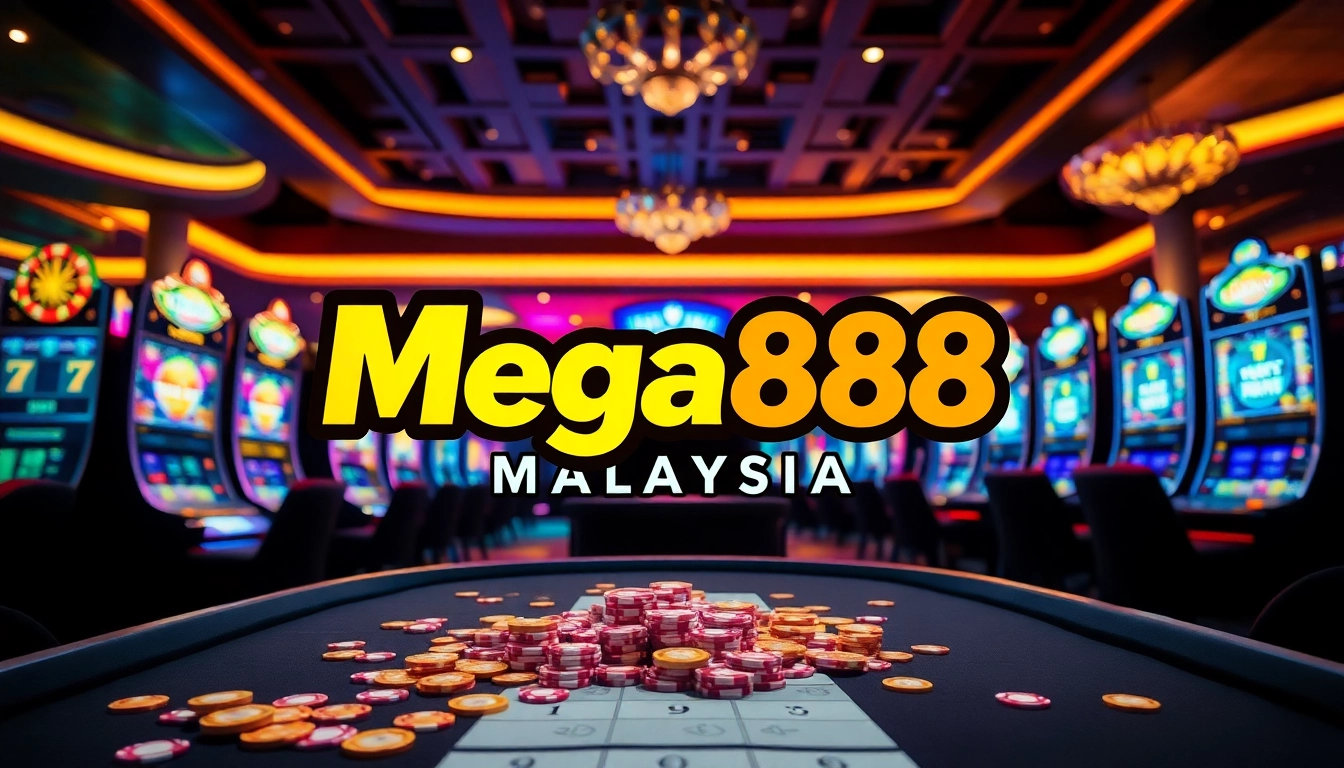 Mainkan Mega888 Malaysia dengan mesin slot dan cip poker di kasino yang meriah.