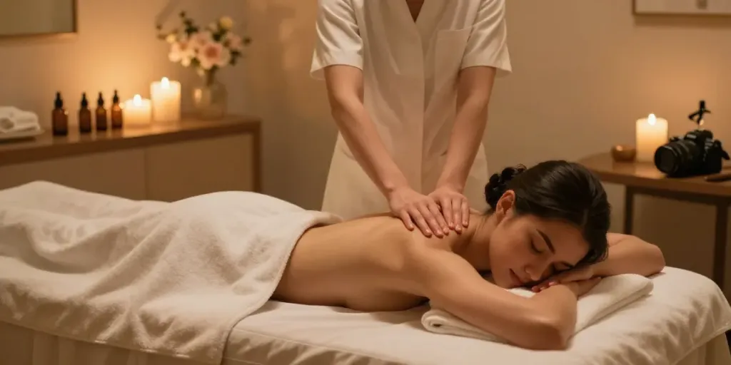 다낭 밤문화의 휴식을 위한 스파 마사지 치료 장면, 고급스러운 분위기 속에서 고객의 피로를 풀어주는 모습.