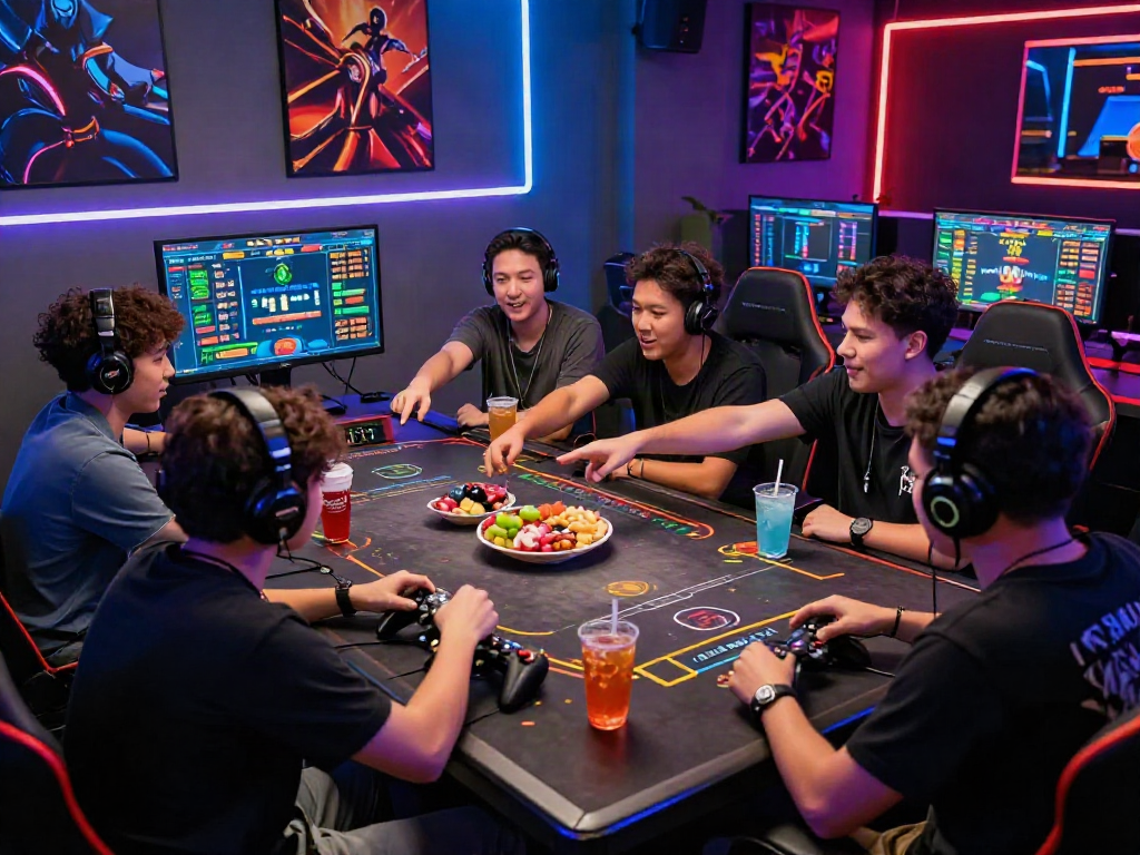 Friends enjoying a vibrant situs toto gaming night with real-time statistics and snacks.