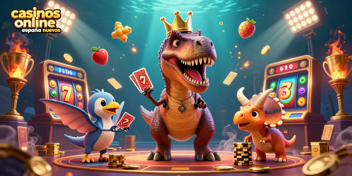 Visualiza los casinos online españa nuevos con un T-Rex jugando cartas y un triceratops apilando fichas doradas.