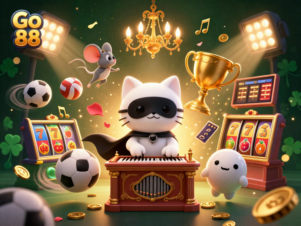 Experience the excitement of Go 88 with a vibrant 3D casino illustration featuring dynamic sports-themed elements.