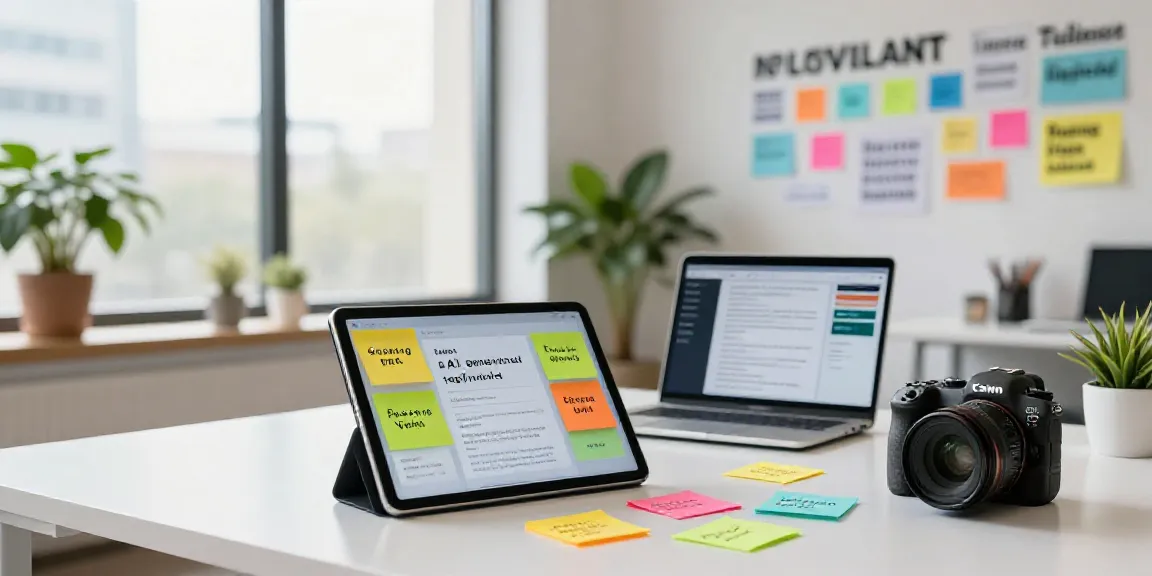 Creative workspace showcasing brainstorming of AI generated taglines with vibrant sticky notes and natural light.