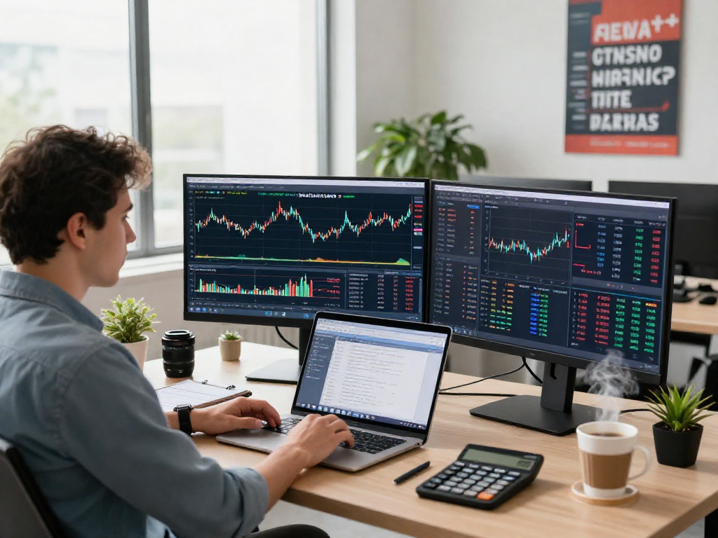 MetaTrader 5 交易平台的多监视器设置，展示多种市场分析工具及交易信息。