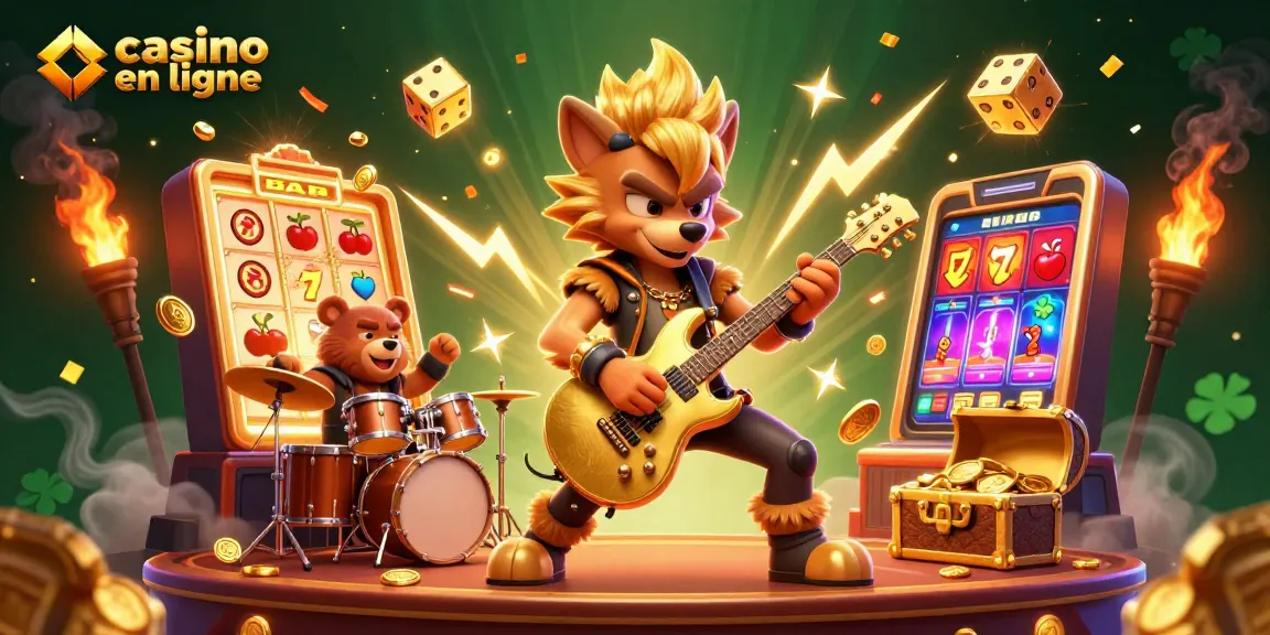 Joignez-vous à une expérience de casino en ligne avec un loup rock star et un ours batteur sur scène.