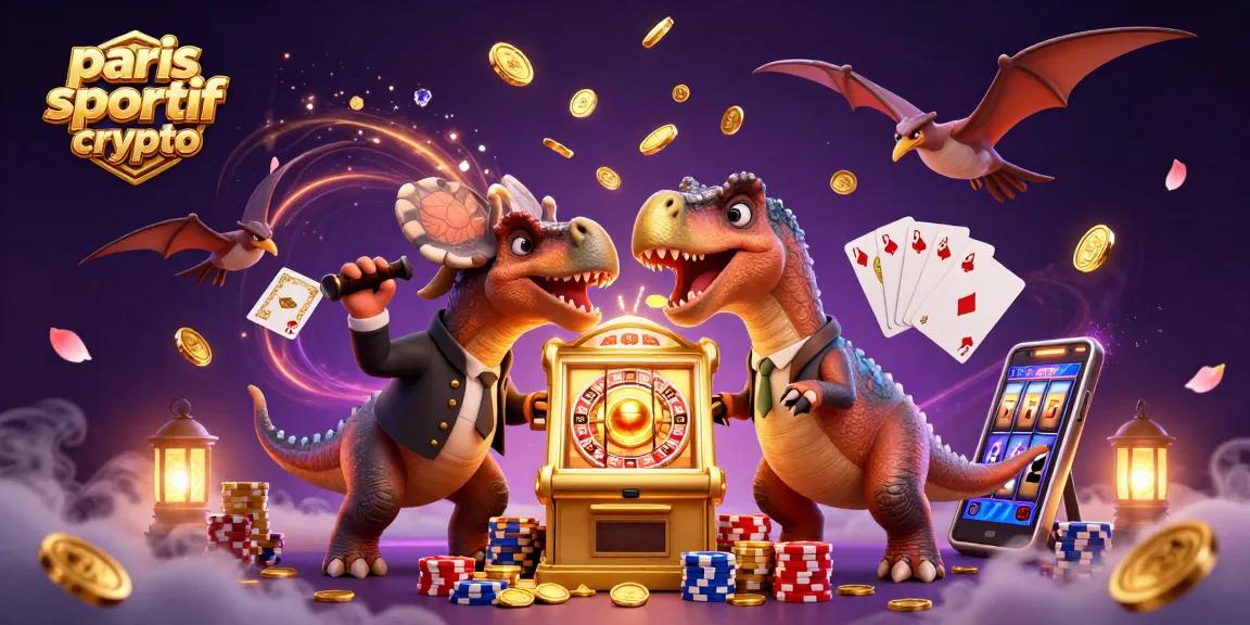 Les paris sportifs crypto sont explorés dans cette illustration dynamique avec dinosaures et jeux d'argent.