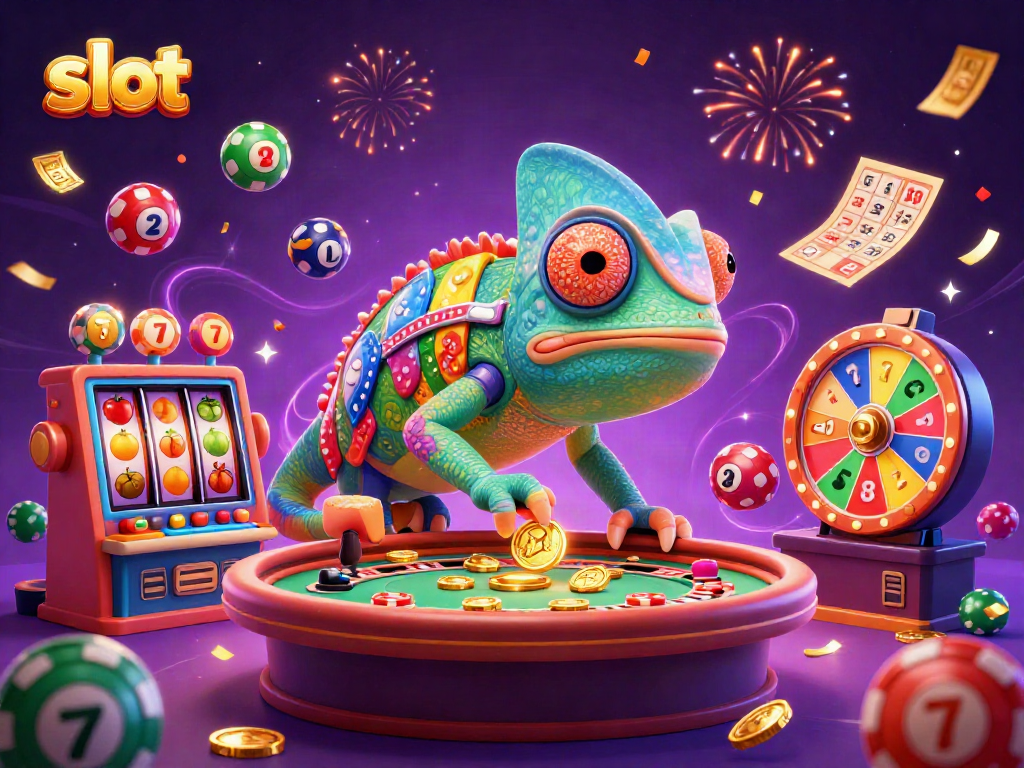 Engage with the excitement of slots through vibrant 3D chameleon casino owner illustration.