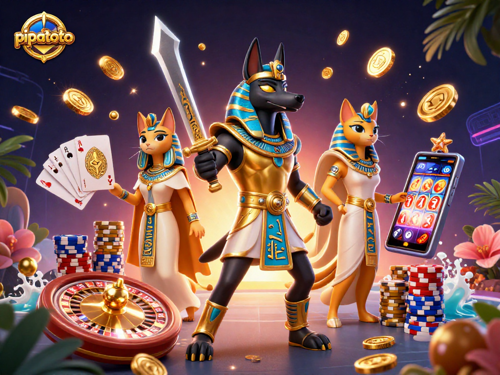 Engage with pipatoto's immersive 3D illustration featuring Anubis and Bastet amidst a vibrant casino scene.