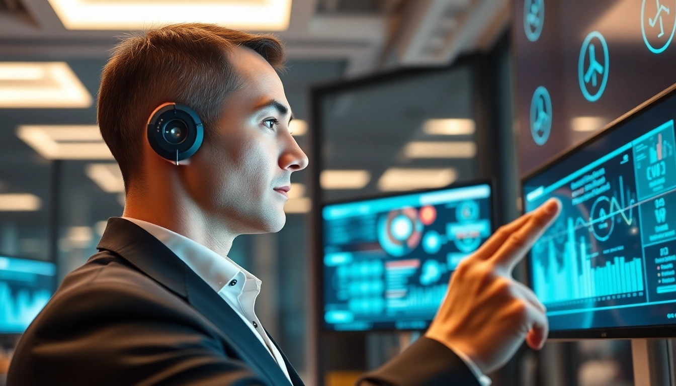 AI agents performing tasks in a high-tech office environment with interactive interfaces.