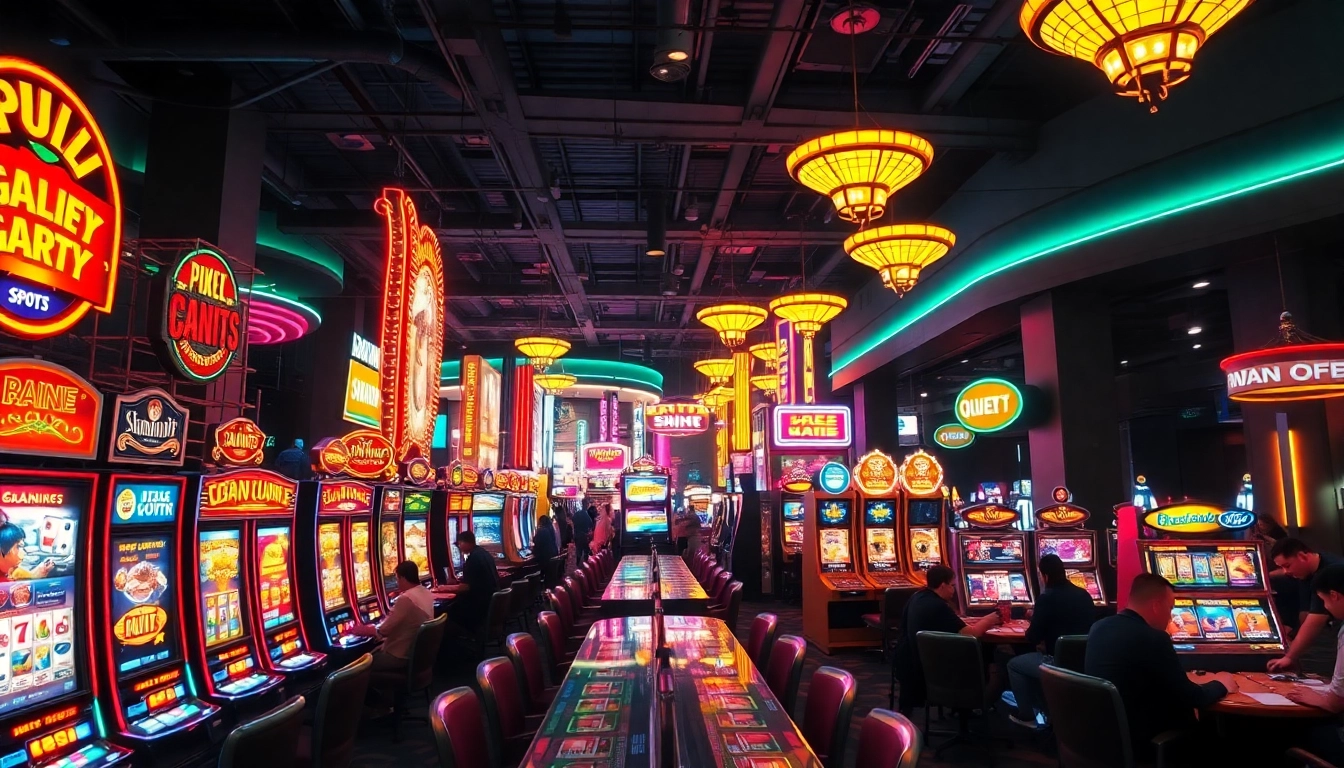 Pemain dalam suasana kasino yang meriah dengan slot ora78 dan lampu neon berkilau.