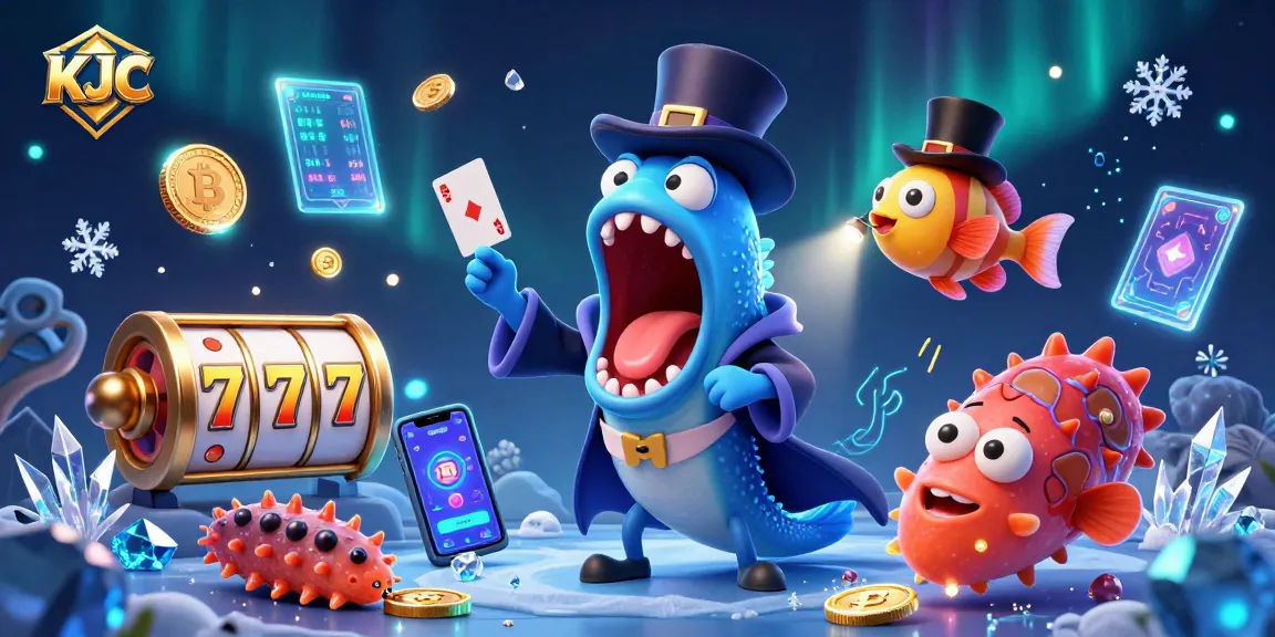 A bioluminescent deep-sea eel performs card tricks at KJC Casino amidst jackpot reels and cryptocurrency elements, creating a vibrant scene.