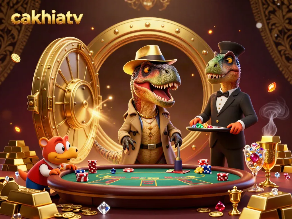 Cakhiatv showcases a blackjack-themed scene with a velociraptor card counter and characters in a vibrant gambling atmosphere.