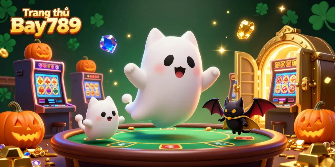 Enjoy thrilling gaming at Trang chủ Bay789 with a friendly ghost cat and vibrant casino elements.