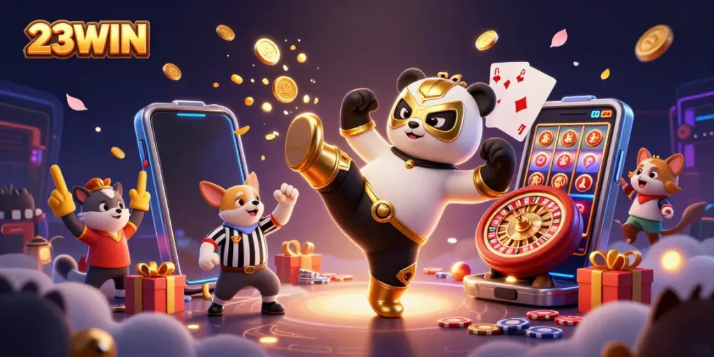 Experience thrilling gameplay at 23WIN with a dynamic 3D illustration of animated characters and casino elements.