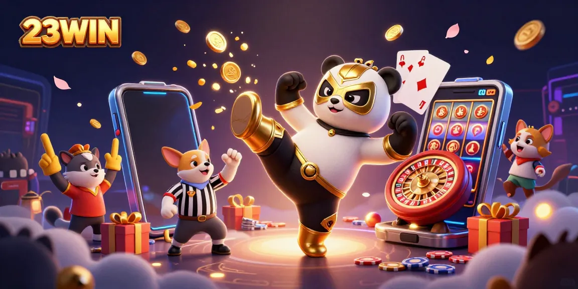 Experience thrilling gameplay at 23WIN with a dynamic 3D illustration of animated characters and casino elements.
