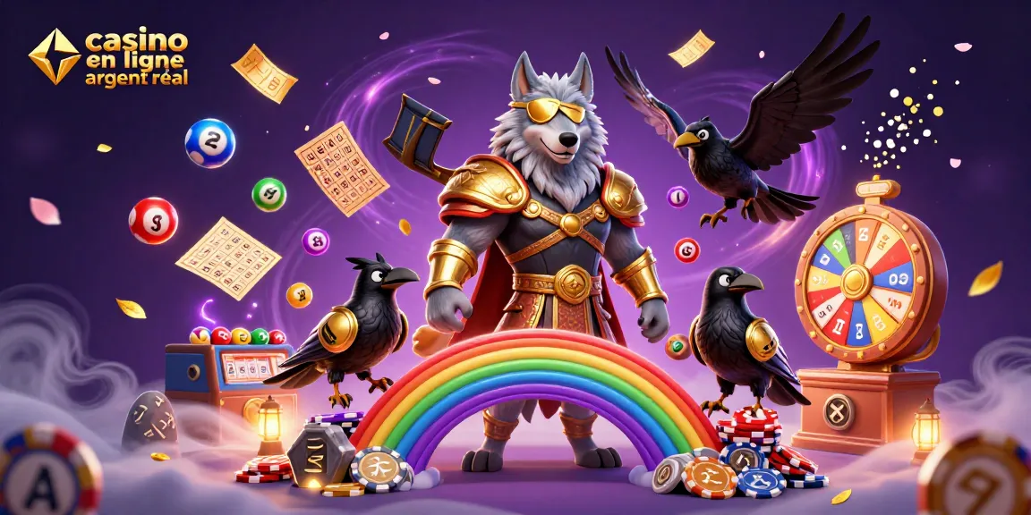 Gagnez au casino en ligne argent réel avec cette illustration dynamique réunissant Odin et ses corbeaux sur un pont de jetons de casino.