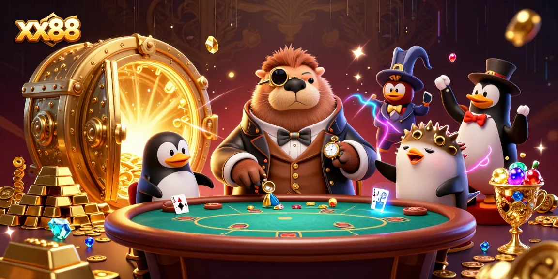 Engage with xx88 in an underwater poker game featuring a walrus, penguin dealer, and pufferfish amidst gold treasures.