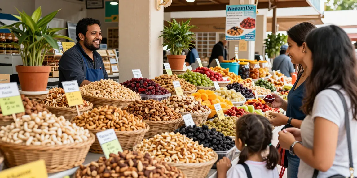 M98 สล็อตเว็บตรงไม่ผ่านเอเย่นต์ showcasing a colorful assortment of fresh nuts and dried fruits in a vibrant marketplace.