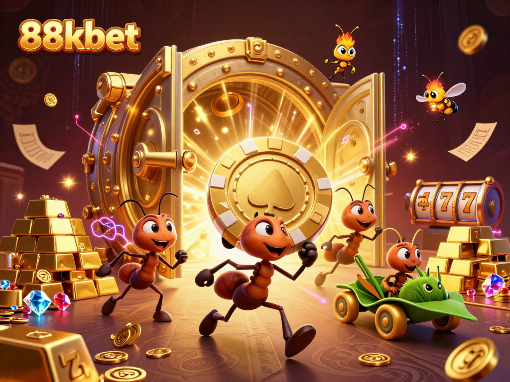 Ants pulling a giant poker chip in a vibrant gambling scene for 88kbet's engaging slots.