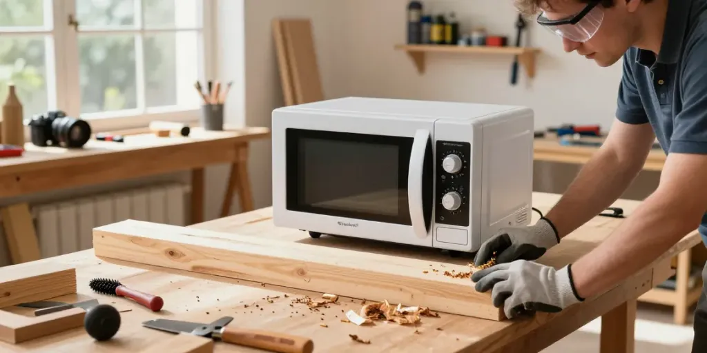 Person using SHASHEL® microwave device for woodworm elimination in a bright workshop.