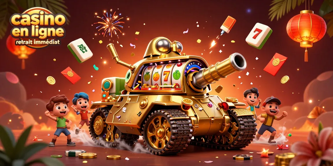 Jouer au casino en ligne retrait immédiat avec un tank doré et des éléments de jeu colorés
