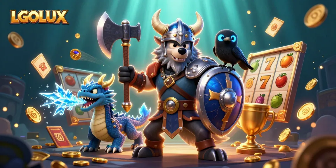 Engage with LGOLUX slots featuring a Viking wolf warrior and dynamic slot game elements.