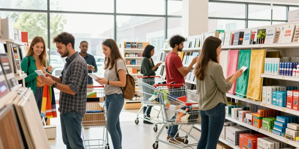 Shoppers exploring Shopsmart's eco-friendly flooring and personalized products in a vibrant retail space.