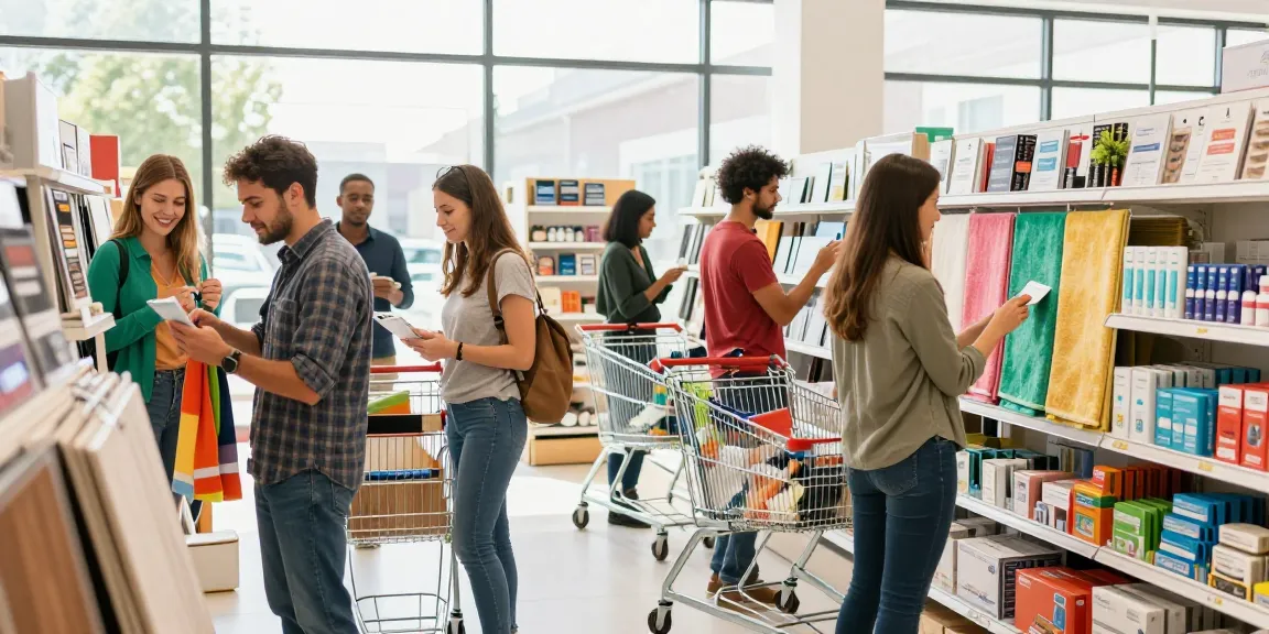 Shoppers exploring Shopsmart's eco-friendly flooring and personalized products in a vibrant retail space.