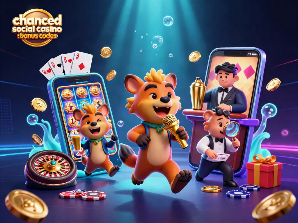 Chanced social casino bonus codes illustrated with hyenas in a vibrant casino scene.