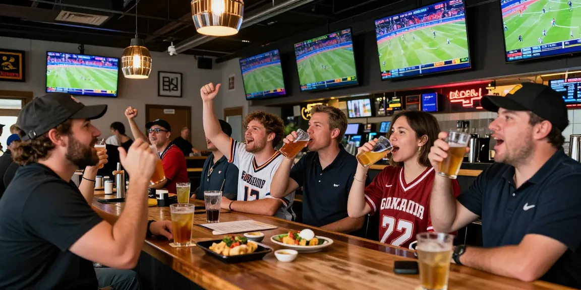 Friends enjoying sports betting pbn links in a vibrant sports bar during game day.