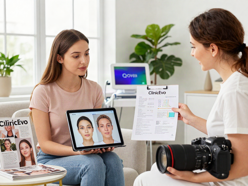 ClinicEvo cheaper than QOVES comparison of facial analysis with friendly consultant discussing tailored results.