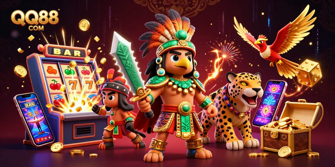 Experience the thrill with QQ88 COM featuring Aztec warriors and a jackpot slot machine explosion.