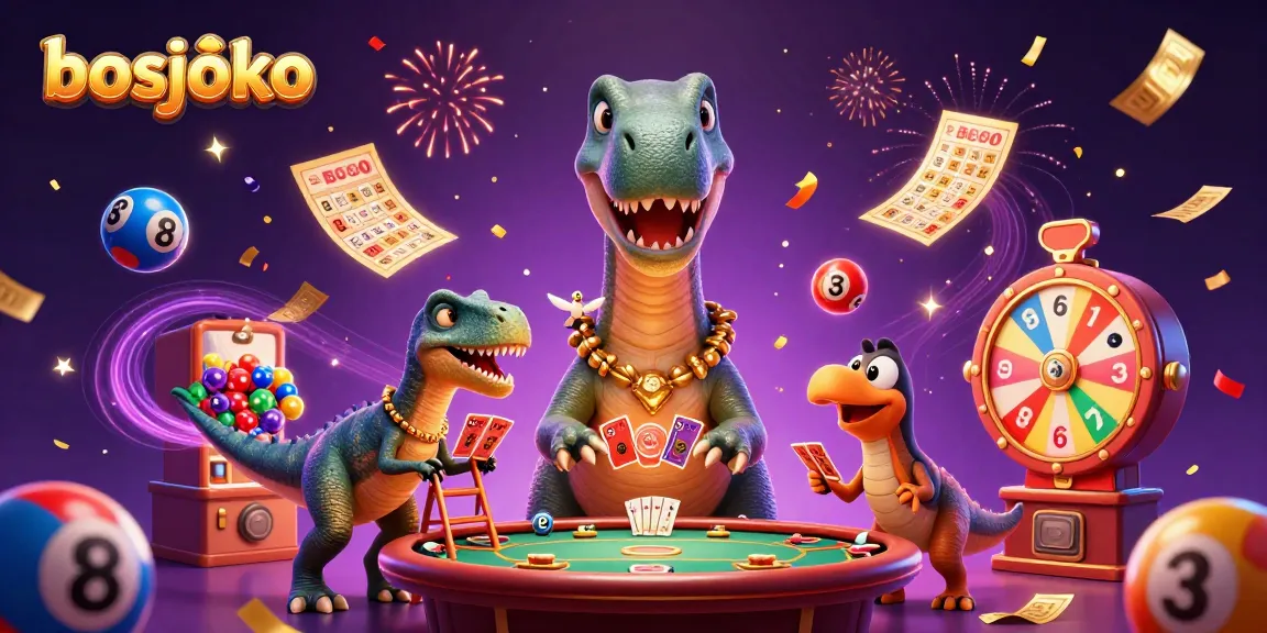 Permainan bosjoko dengan brontosaurus dan raptor di kasino, kartu dan bola lotere berserakan.
